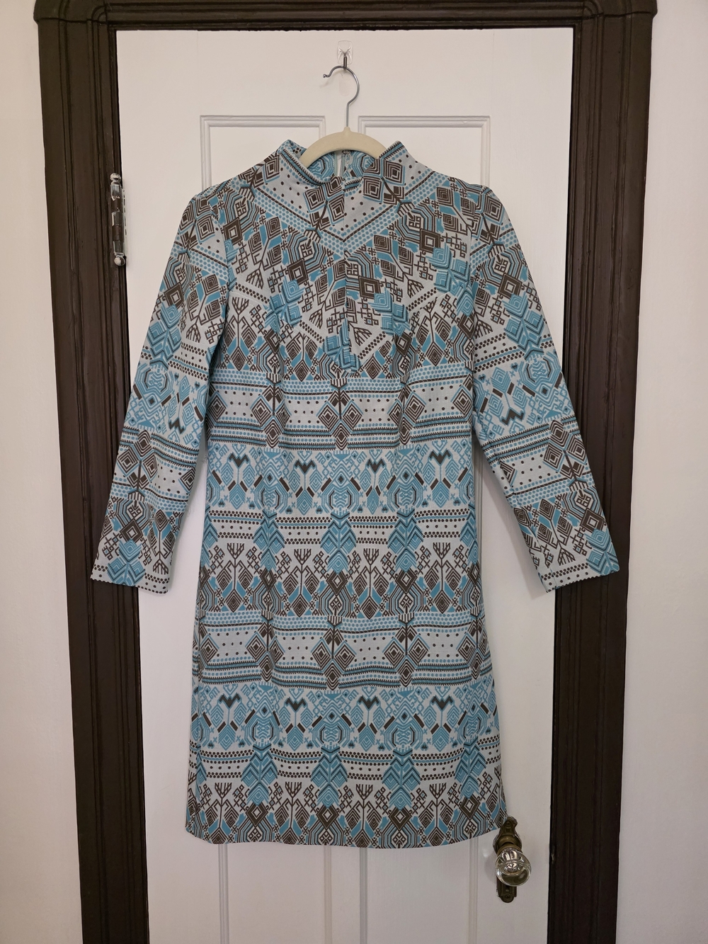 Vintage Blue and Brown Geometric Pattern Shift Dress
